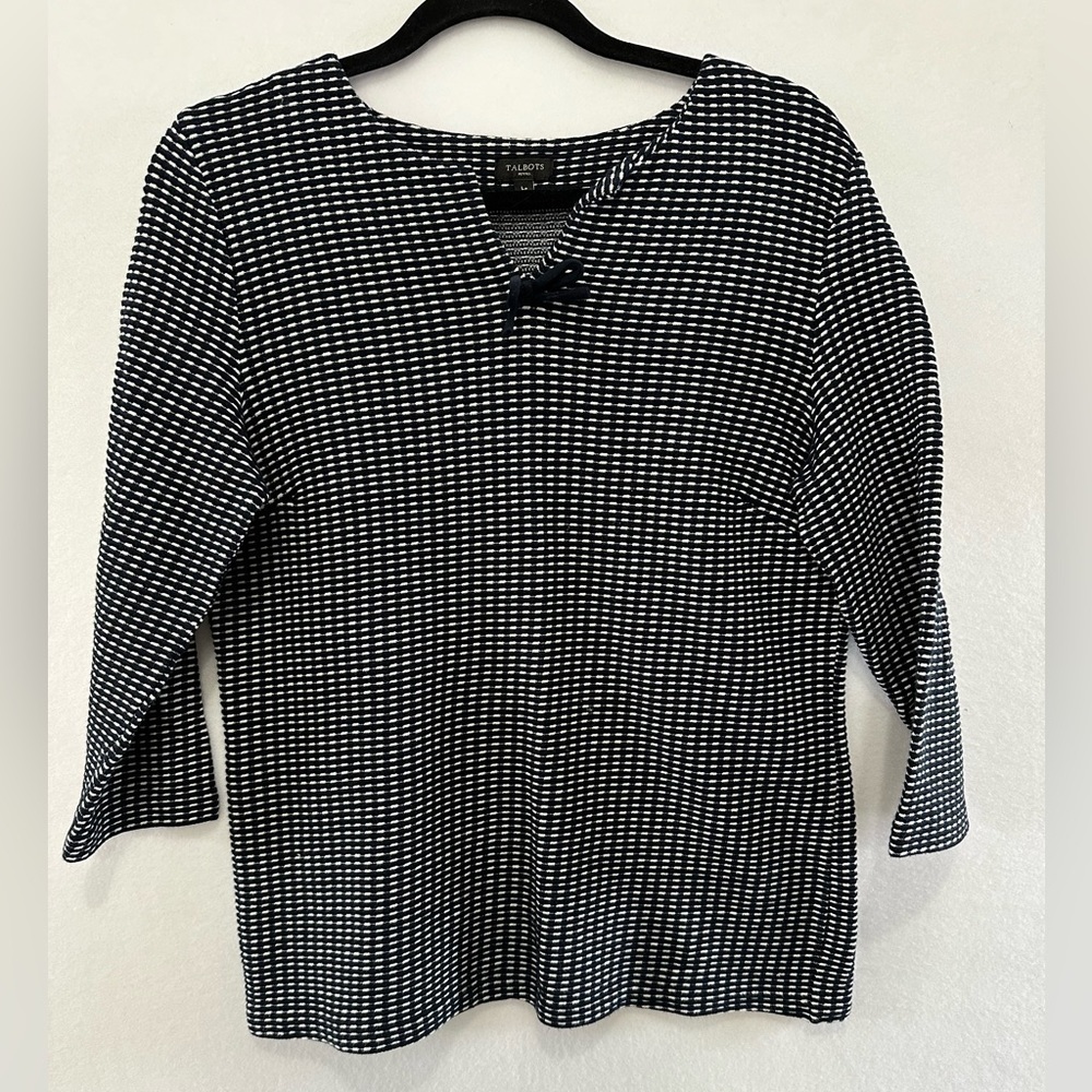Talbots 3/4 Sleeve Navy & White Textured Knit Pullover Top Large Petite READ